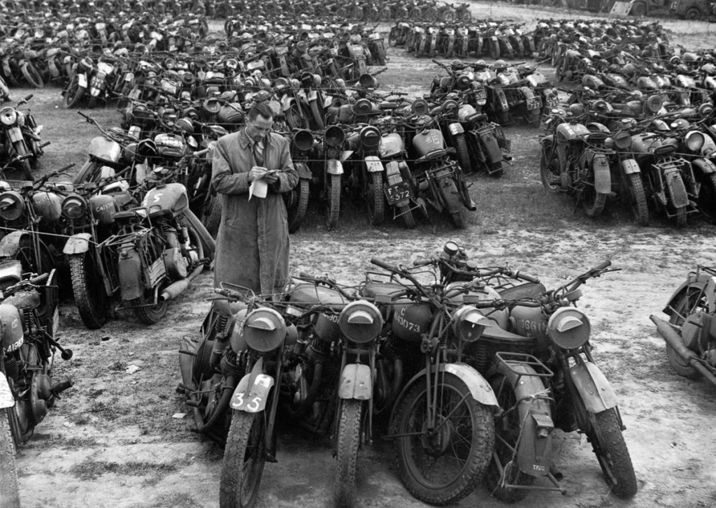 24th April 1946: Some of the 1,000 surplus motorcycles which are to be sold in batches of five for scrap at Great Missenden, Buckinghamshire. (Photo by William Vanderson/Fox Photos/Getty Images)