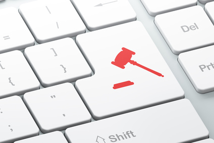 Law concept: Enter button with Gavel on computer keyboard background, 3d render